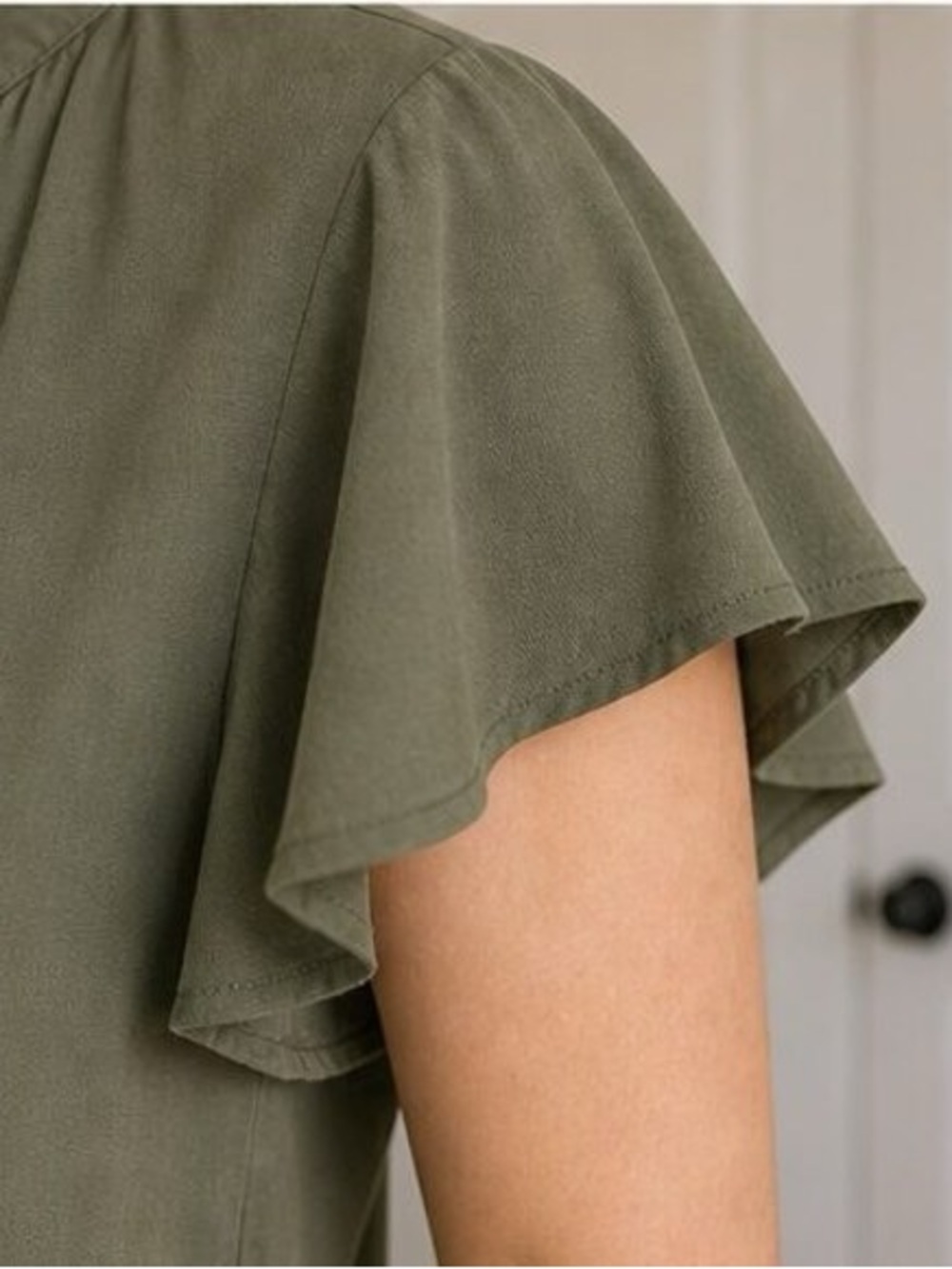 Olive Tie-Neck Button Front Blouse - Women's Top - Picture 5 of 6